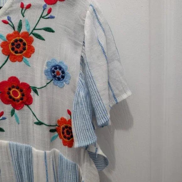 By The River Embroidered Stripe Dress Size Large Blue White Floral Boho Midi - Picture 5 of 11